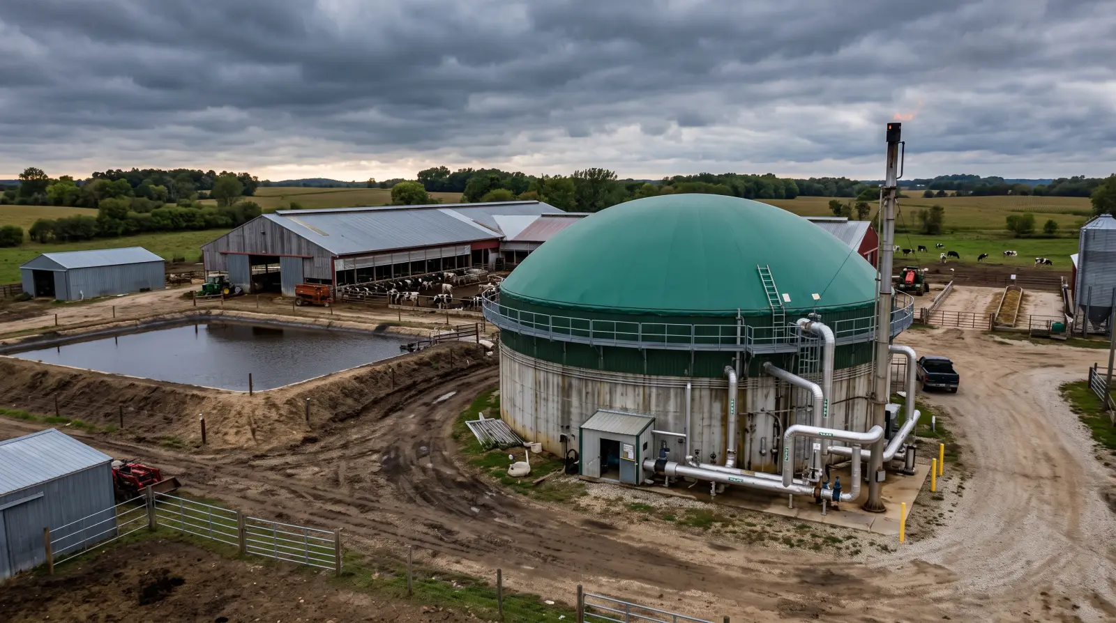 Covered manure lagoon digester beside a dairy barn with pipeline equipment