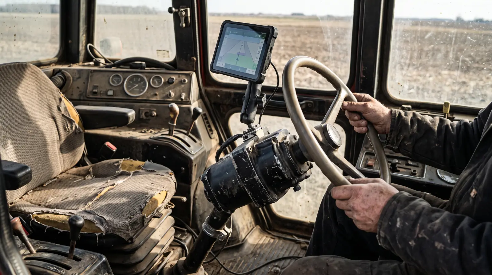 Aftermarket GPS steering screen and wheel motor mounted in older tractor cab