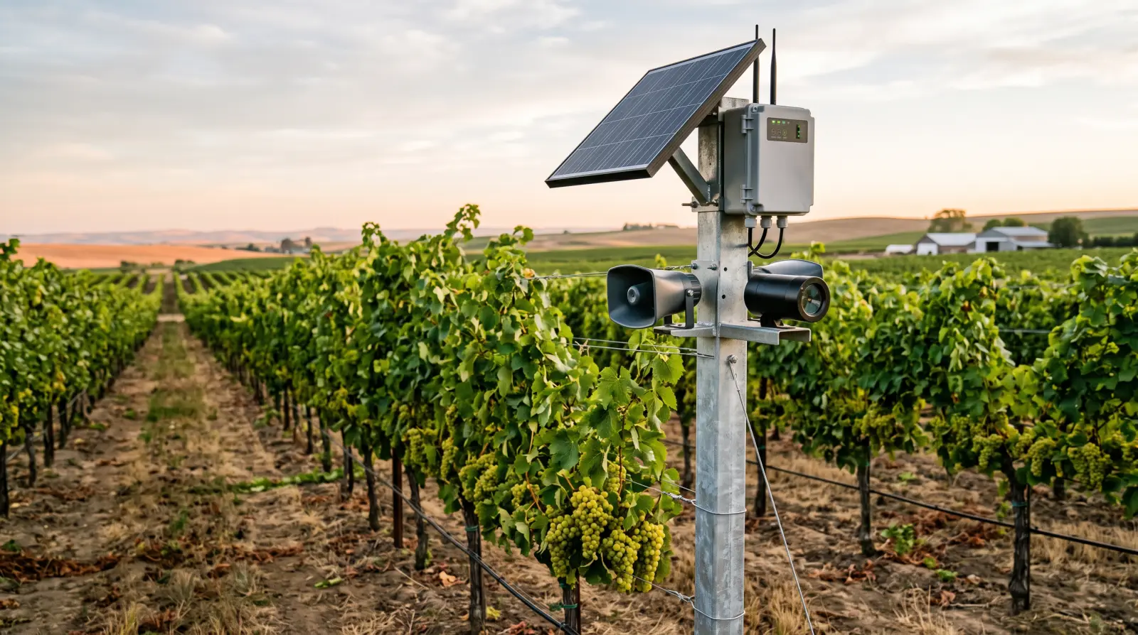 Green laser deterrent sweeping over a vineyard at dusk to scatter birds