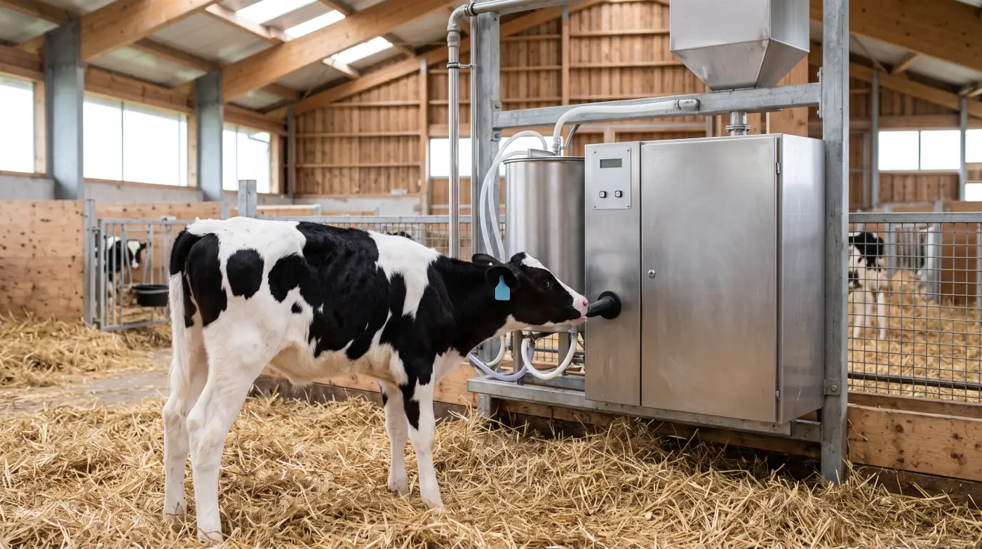 Dairy calf drinking from an automated milk replacer feeding station nozzle