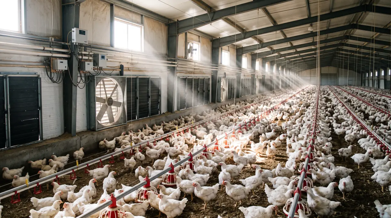 Ventilation inlets and control panel inside a modern broiler poultry house