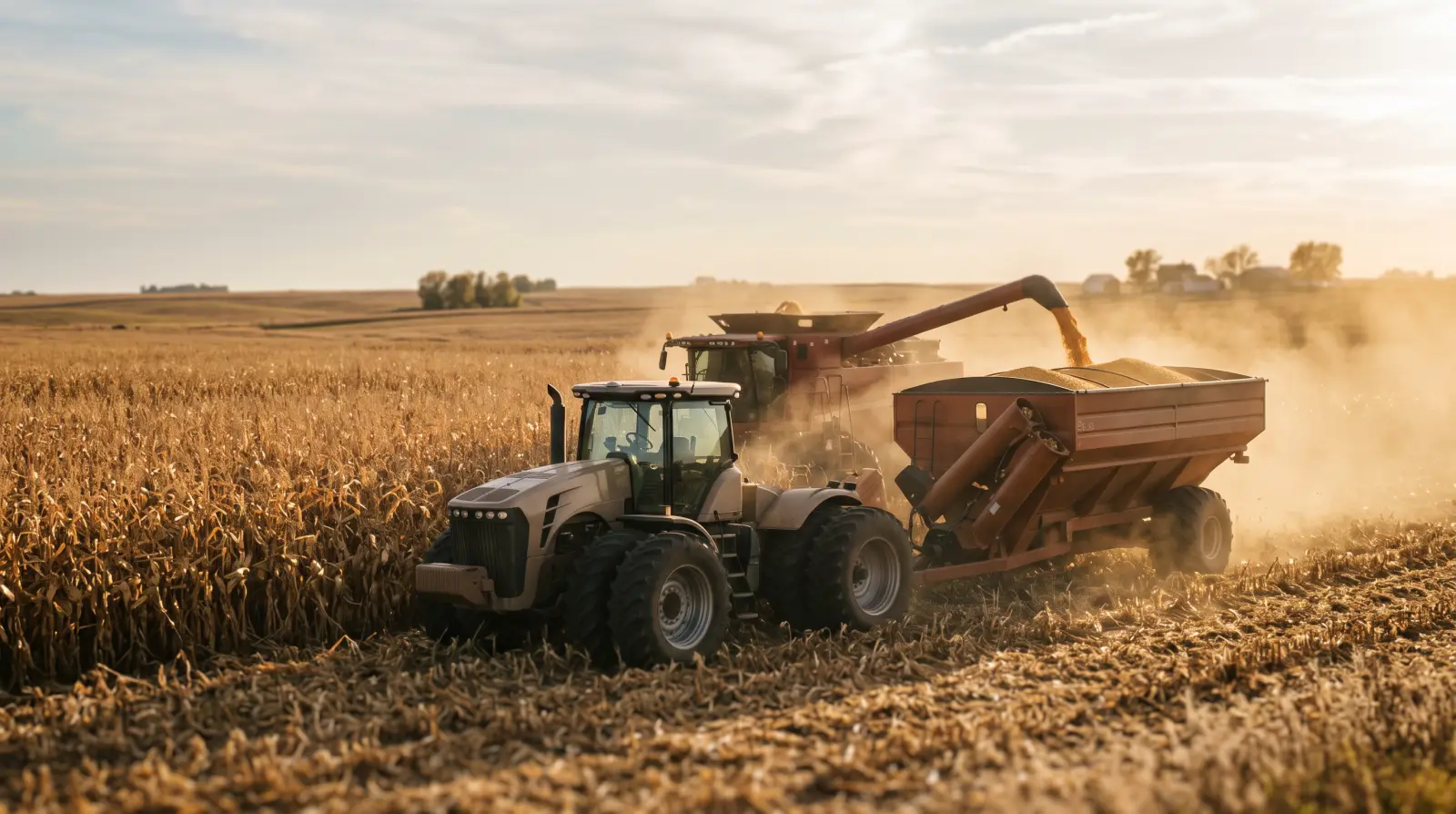 Driverless grain cart tractor pulling alongside a combine unloading on the go