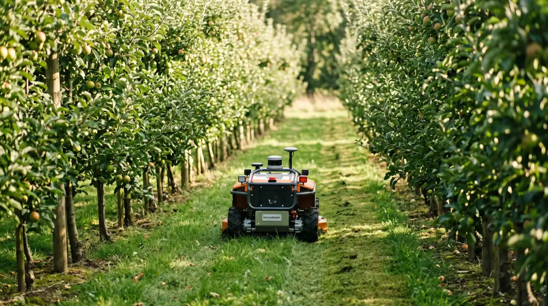 Robotic mower cutting grass between rows of trees in a fruit orchard