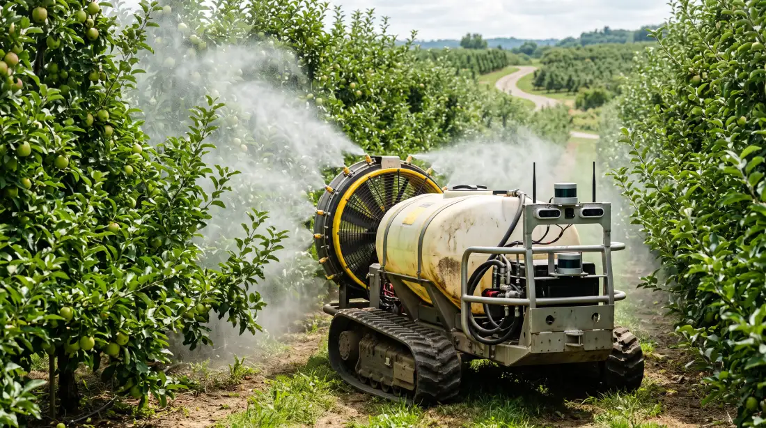 Sensor-guided air-blast sprayer applying chemical to trees along an orchard row