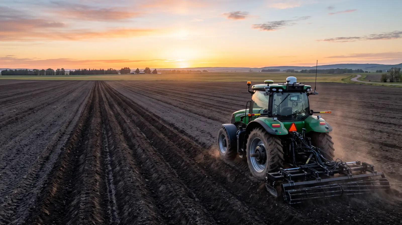 Cabless autonomous tractor tilling an open field with no driver aboard