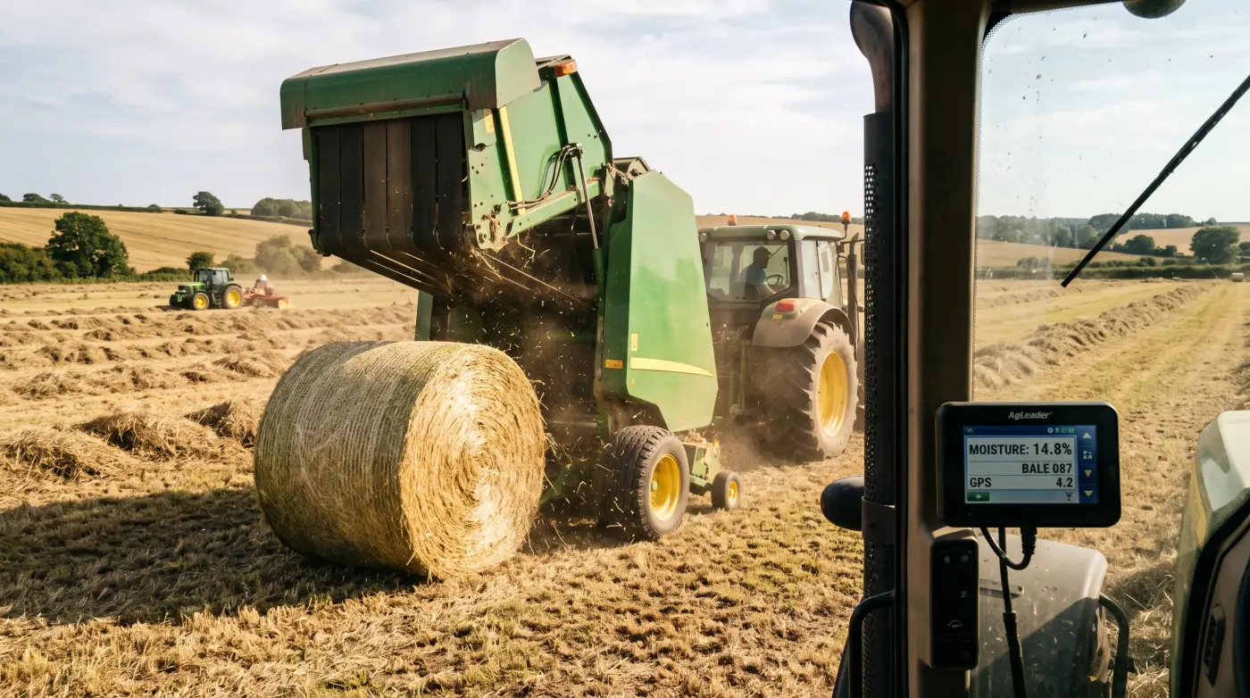 In-cab baler monitor screen showing hay moisture and bale weight readouts