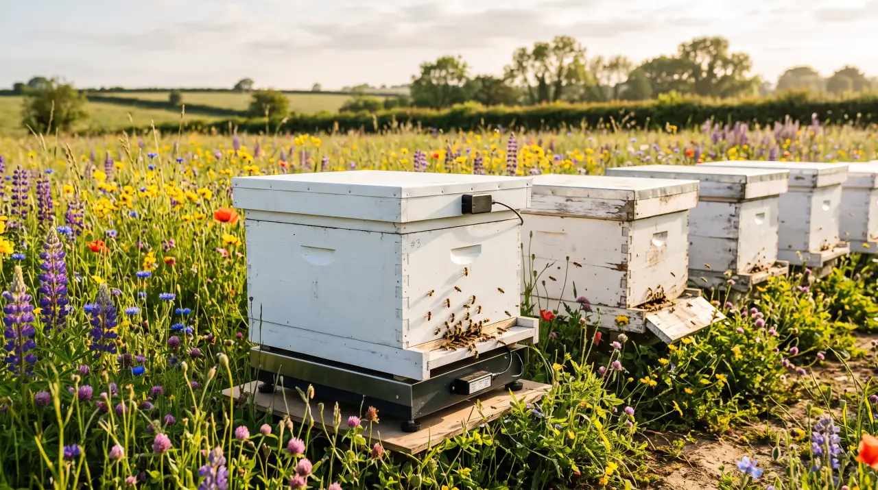 Beehive on a digital scale with sensor probes among boxes in an apiary