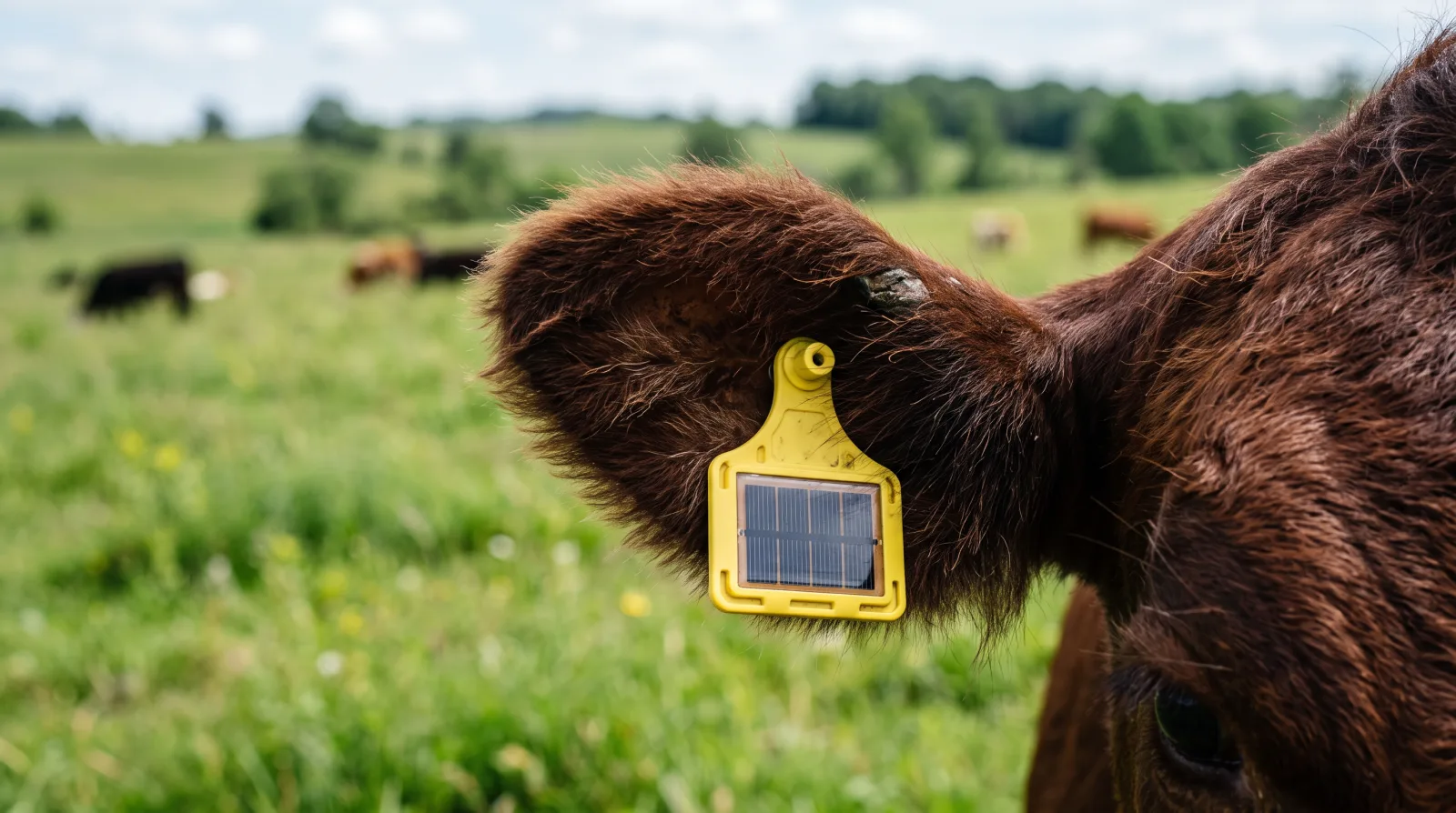 Beef cattle grazing open rangeland, one cow wearing a yellow GPS ear tag