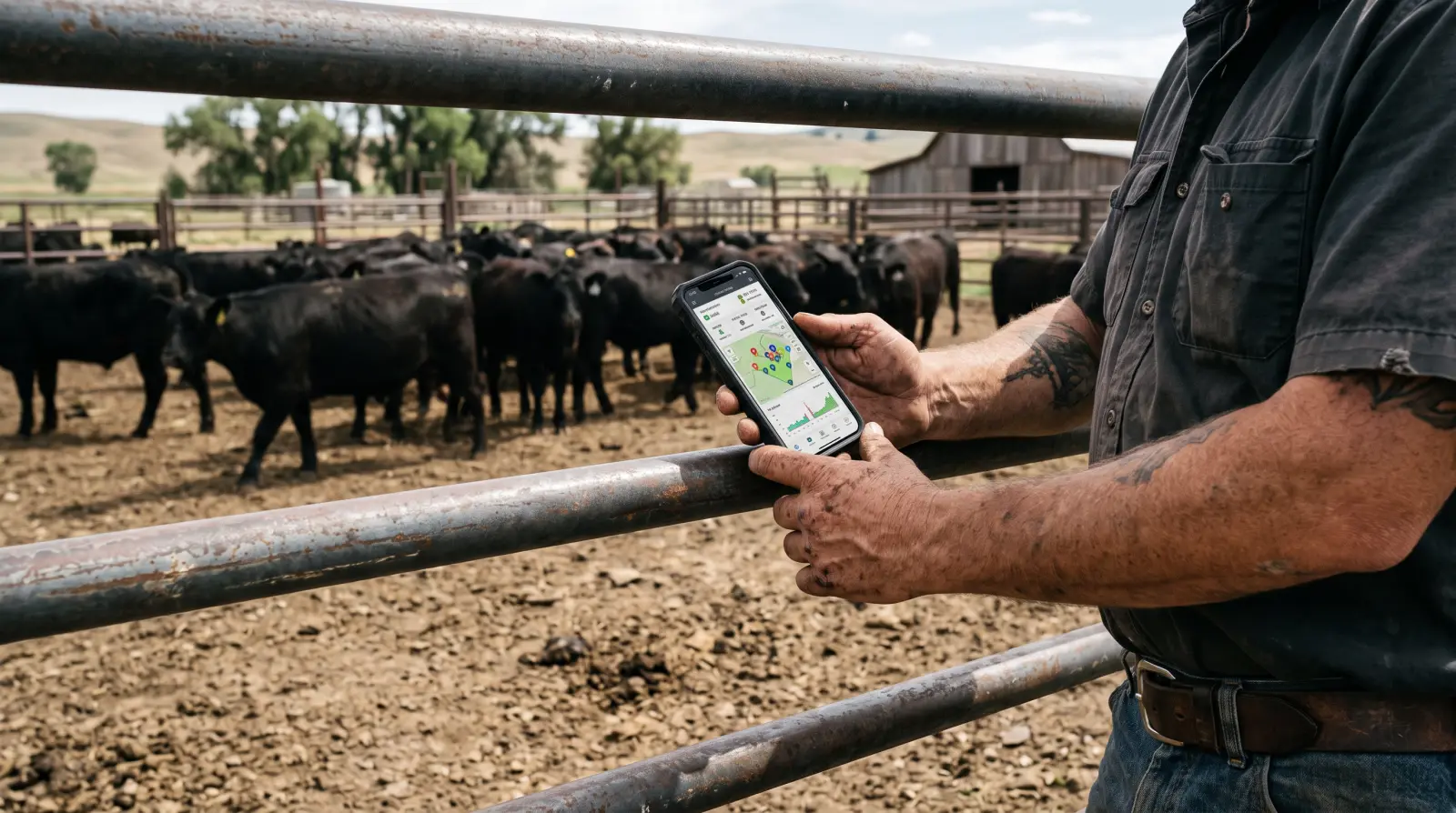 Rancher at a cattle chute entering herd records on a tablet with an RFID reader