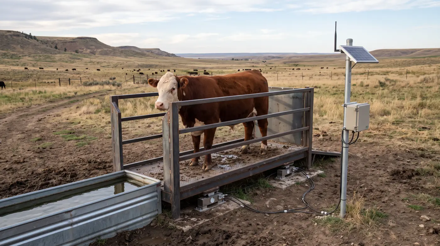 Beef cattle stepping onto a solar-powered walk over weighing platform at a paddock water trough