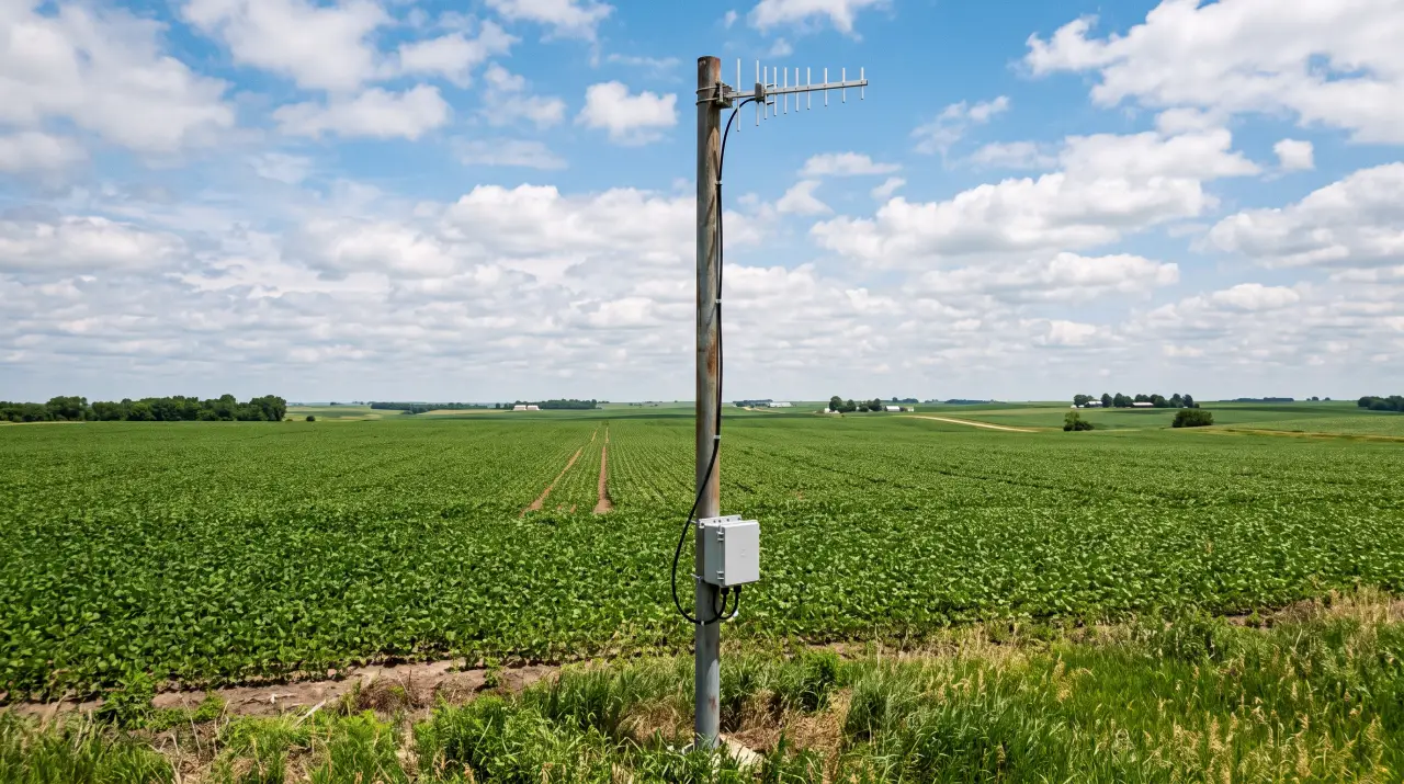 Directional cellular antenna mounted on a tall farm building pole aimed at a distant tower