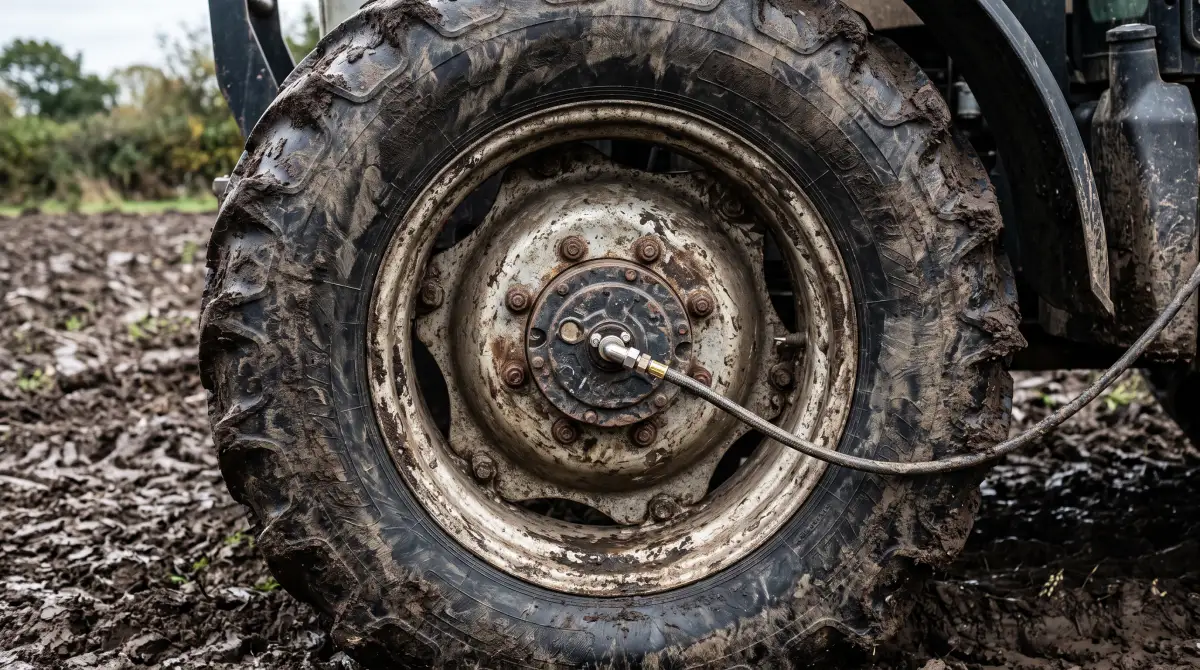 Large tractor tire flexing into a wide soft footprint across dark tilled field soil