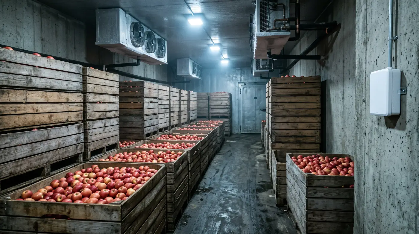Wireless temperature sensor on a produce cooler shelf