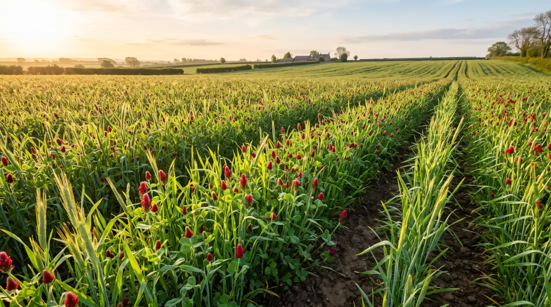 Green cereal rye cover crop growing in rows across a Midwest field after harvest