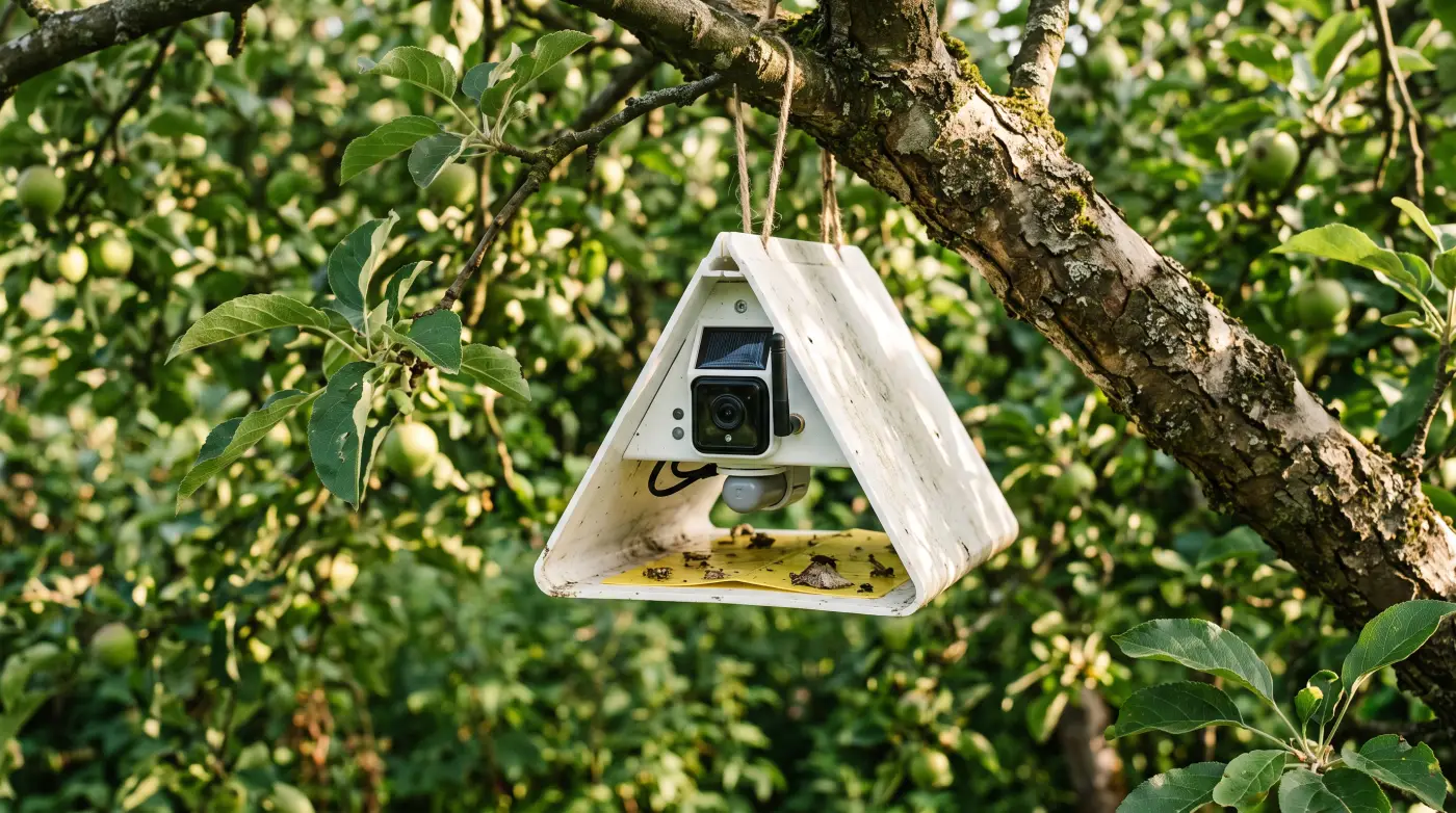 A green delta pheromone trap hanging in an apple orchard branch for codling moth monitoring
