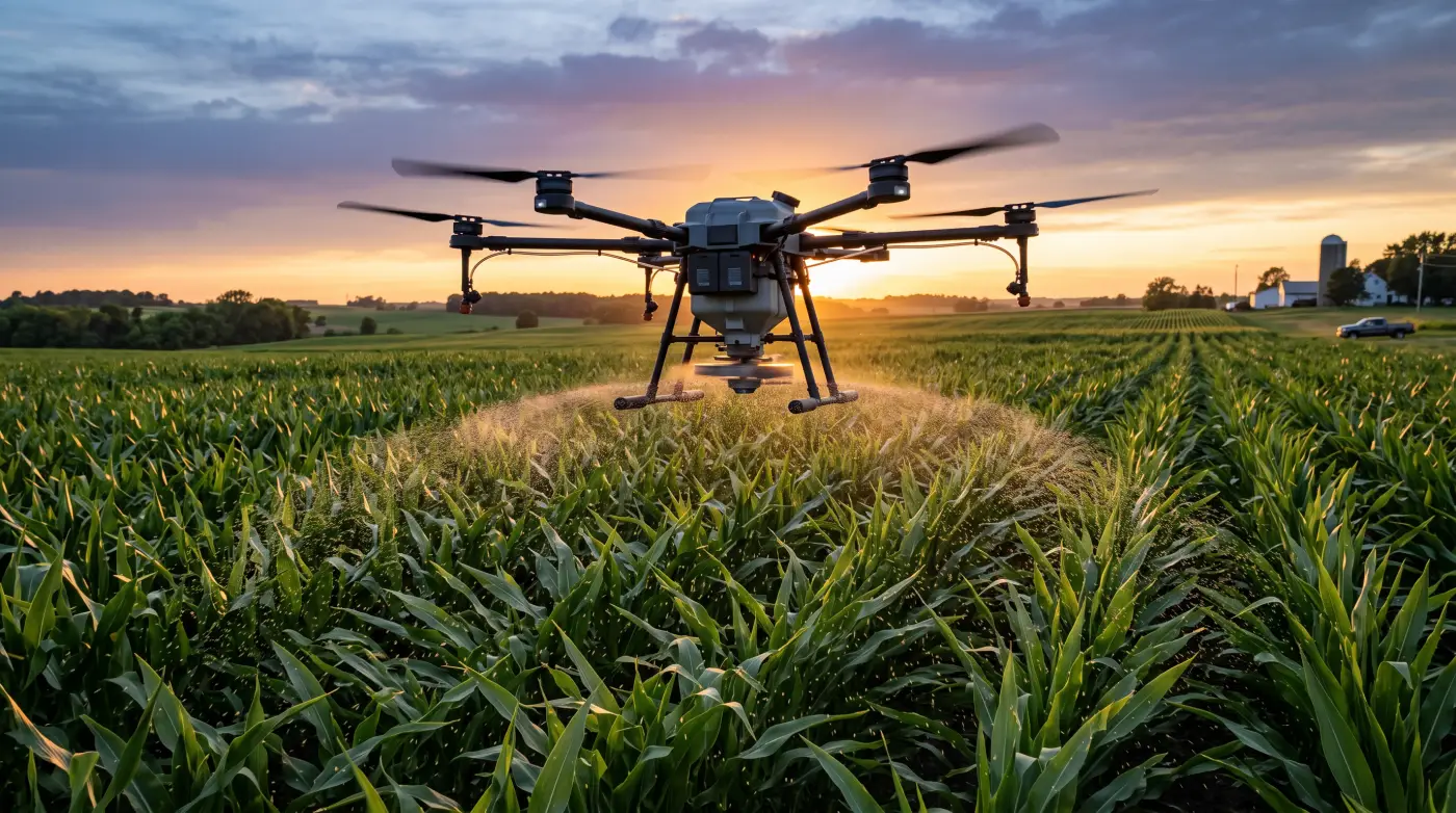 Agricultural drone broadcasting cover crop seed over standing green soybeans from low altitude