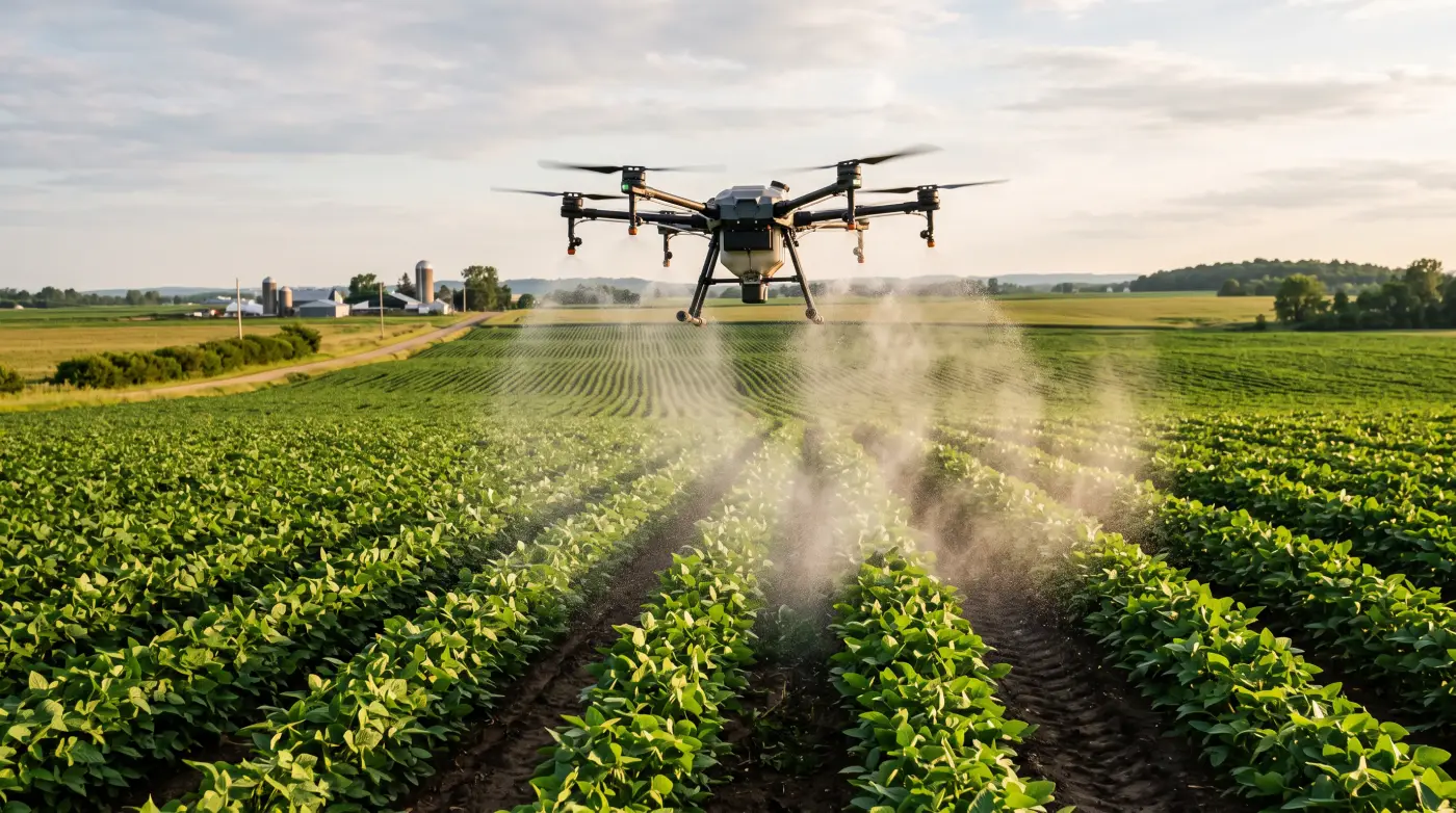 Eight-rotor agricultural spray drone flying low over tall green corn in summer
