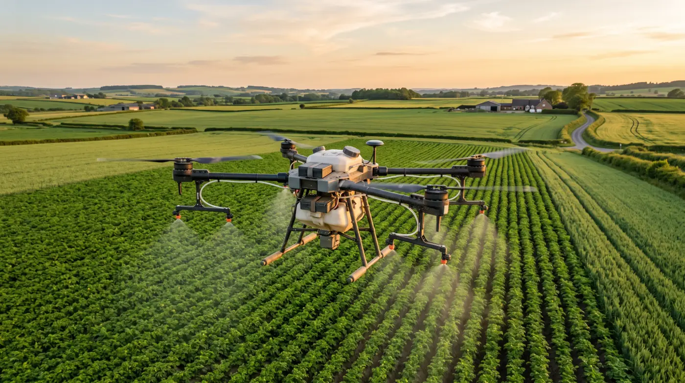 Small imaging drone hovering above a green row crop field scouting for stand gaps