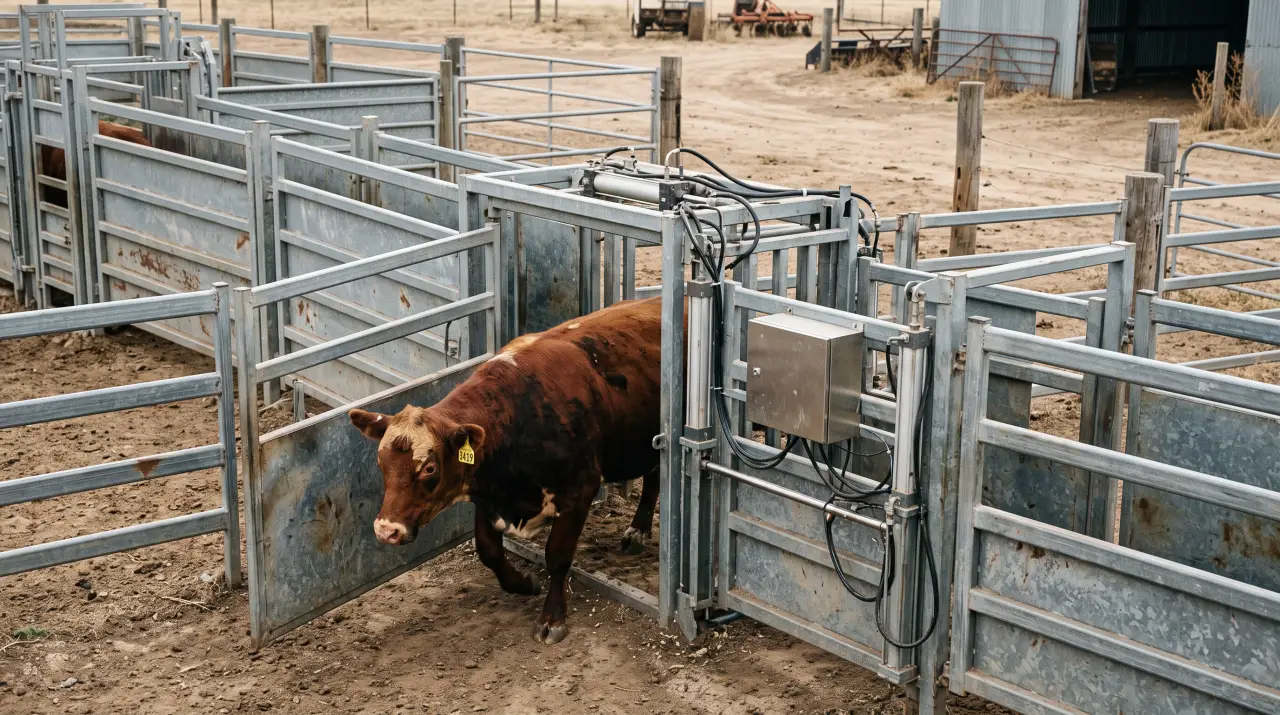 Cattle walking single file through an alley weigh platform and pneumatic auto-drafting gate