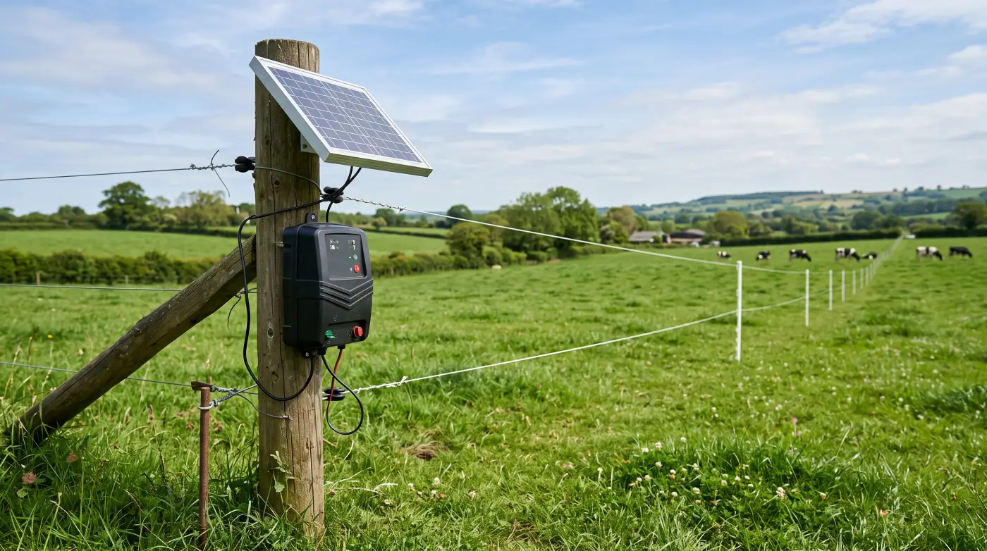 Solar panel and energizer mounted on a post powering an electric fence across green pasture