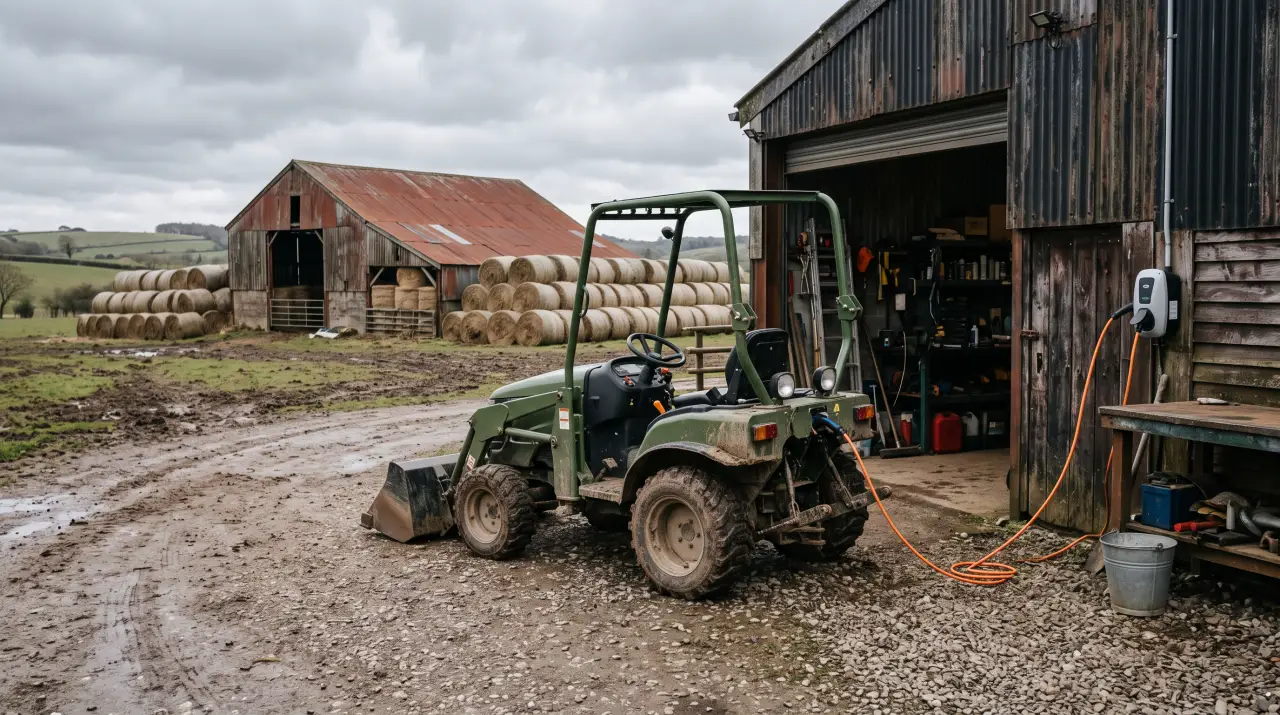 Compact electric utility tractor with a front loader parked charging beside a farm barn