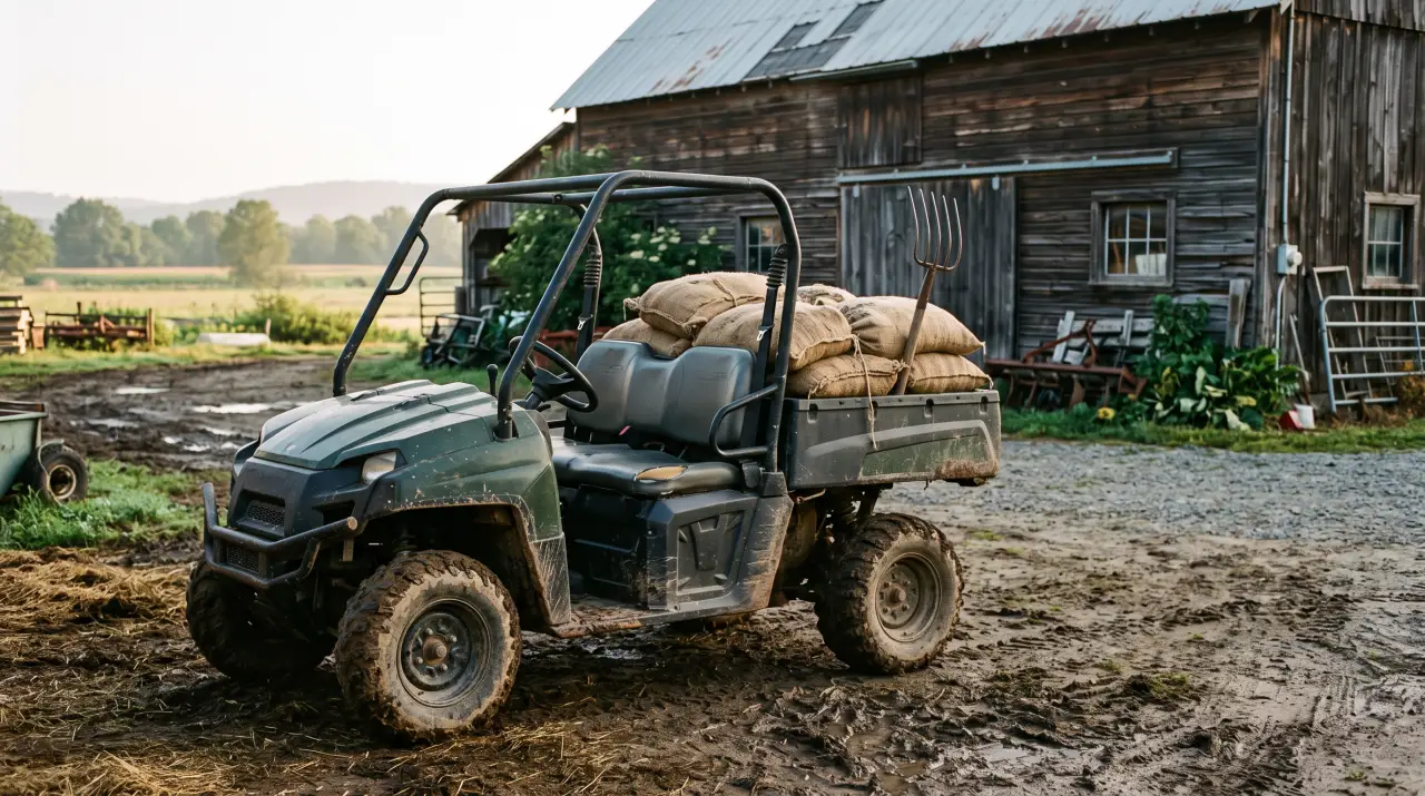 An electric side-by-side utility vehicle hauling feed and fence posts across a snowy farmyard