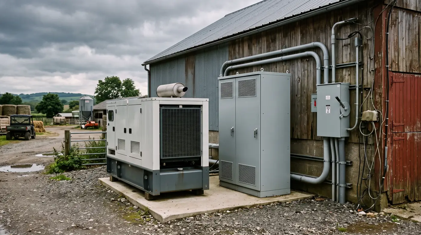 A standby diesel generator and transfer switch wired beside a livestock barn during a storm