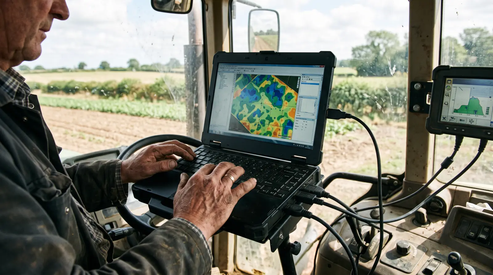 A farmer at a tractor in-cab display reviewing field maps and telemetry data