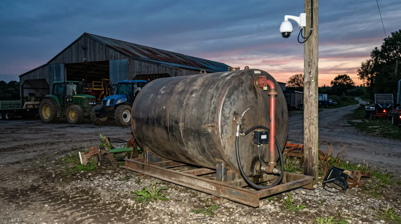 Locked bulk diesel tank guarded by a solar cellular camera at a remote field
