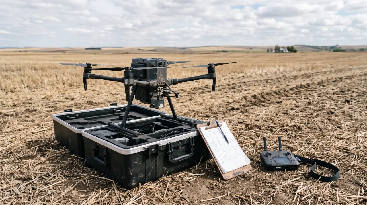 A farmer flying a mapping quadcopter drone over a green crop field at dawn