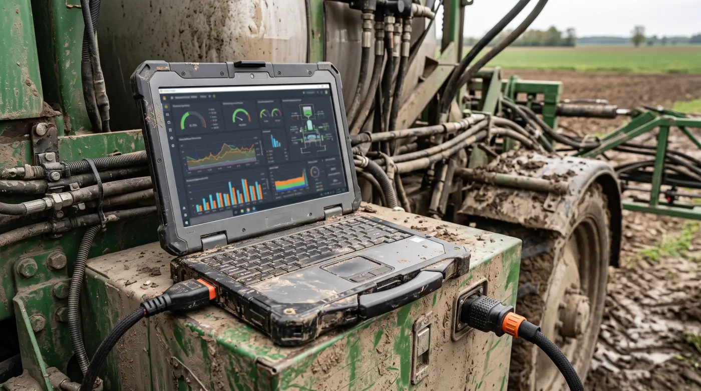 A farmer at a laptop in the shop reviewing the equipment portal and network settings