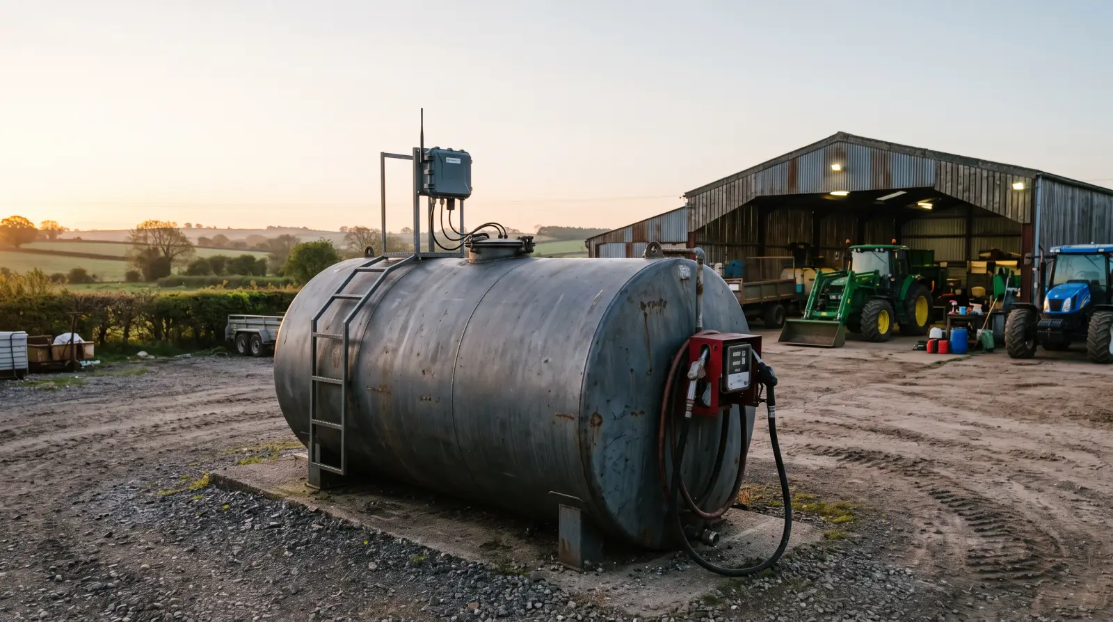Bulk diesel storage tank with a level sensor and dispenser pump in a shop yard