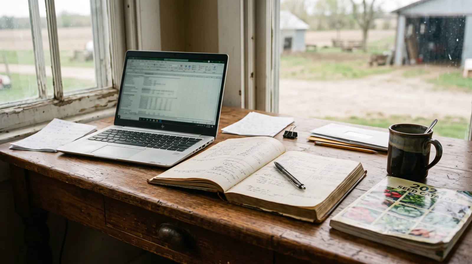 A farmer entering field and financial records on a tablet at a kitchen table