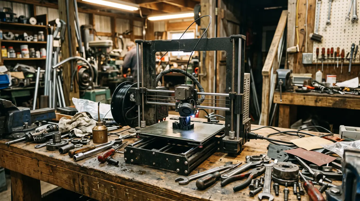 A desktop filament 3D printer building a black plastic bracket on a farm shop workbench