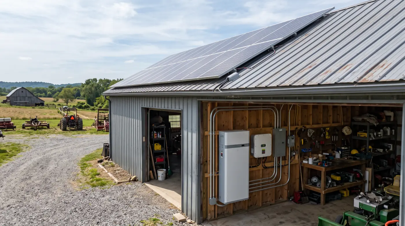 Rooftop solar panels on a large steel farm shop under clear prairie sky