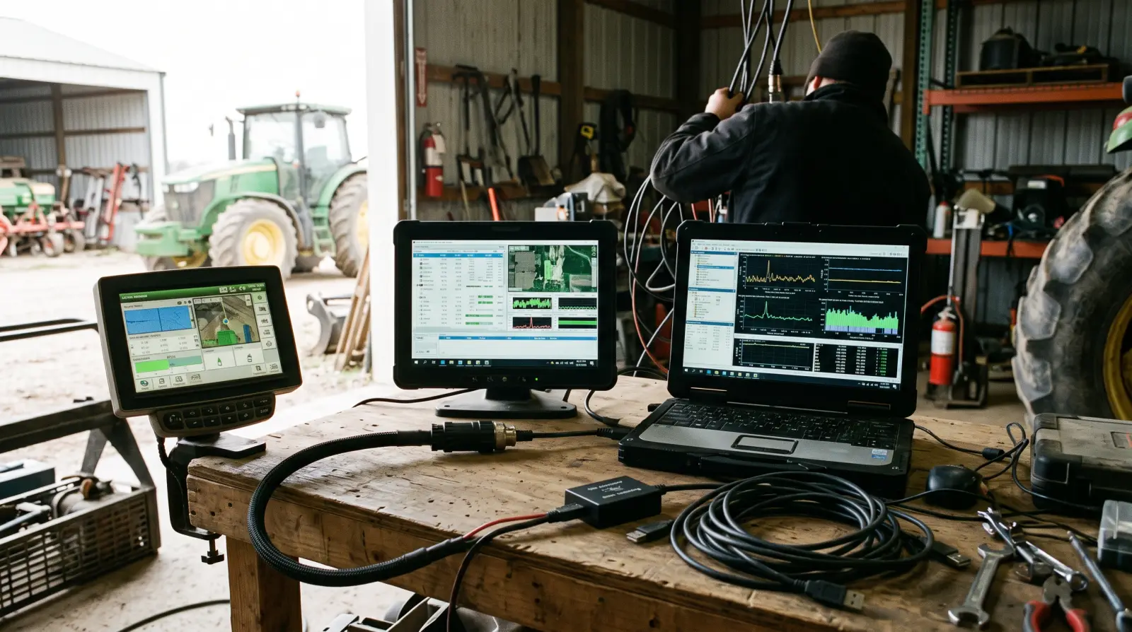 Farmer at a laptop reviewing colorful field prescription maps in a machine shed