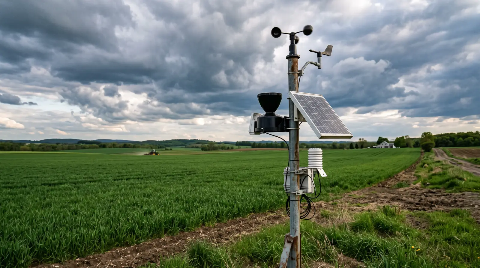 A tripod weather station with anemometer standing in an open green farm field