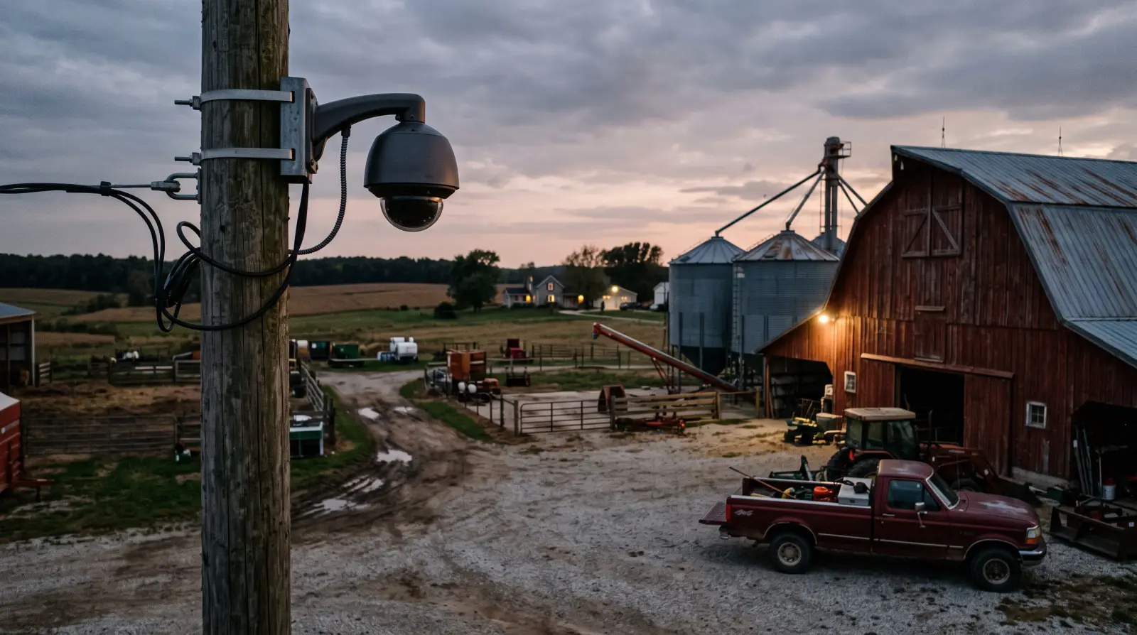 Weatherproof security camera mounted on a post overlooking a farm gate and equipment yard