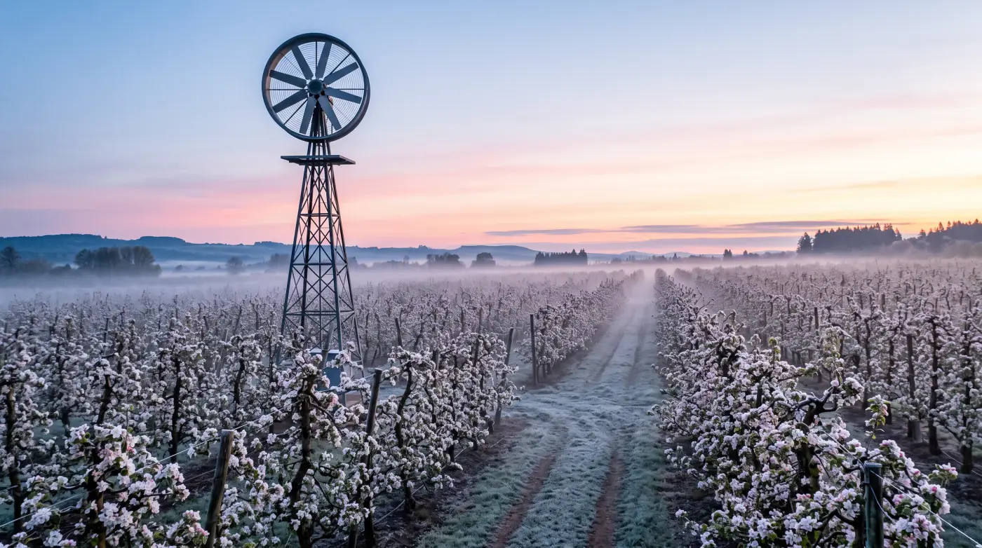 Tall orchard wind machine towering over blossoming fruit trees at dawn on a frosty morning