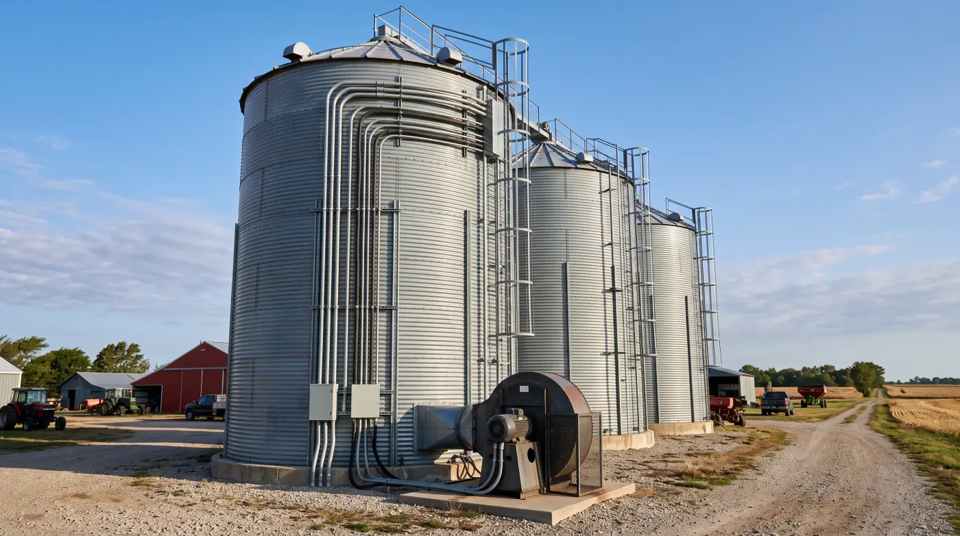 Temperature cable sensors hanging inside a steel grain bin filled with golden corn