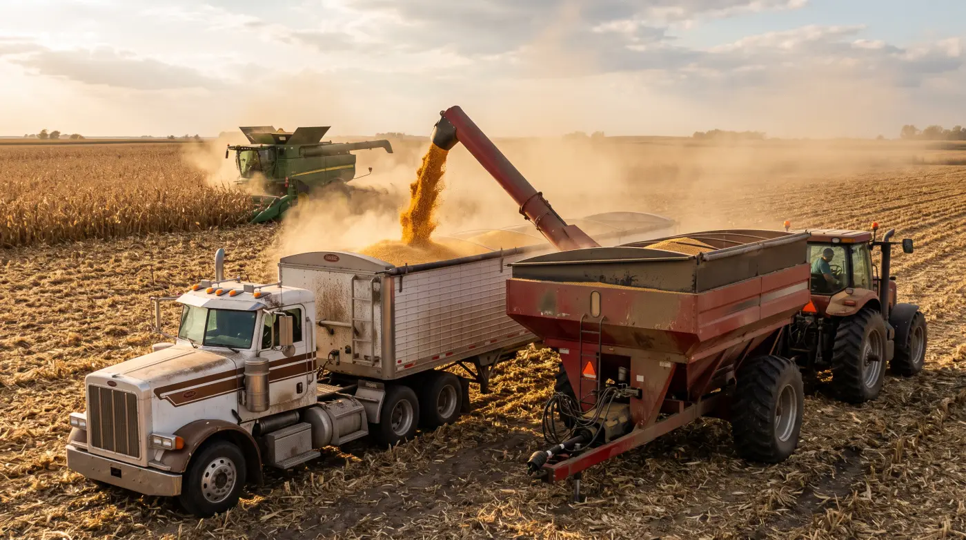 A grain cart with weigh scale unloading corn into a semi truck at harvest