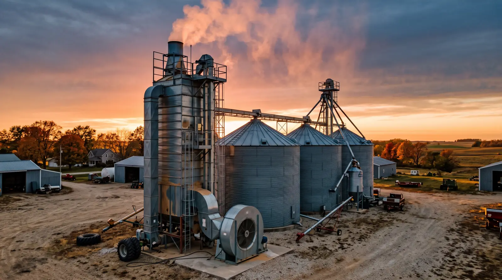 A continuous flow grain dryer running beside storage bins during a wet corn harvest