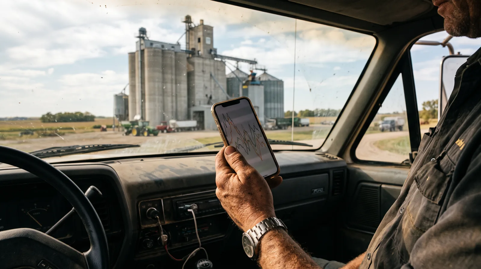 A farmer checking cash grain bids on a smartphone from inside a combine cab