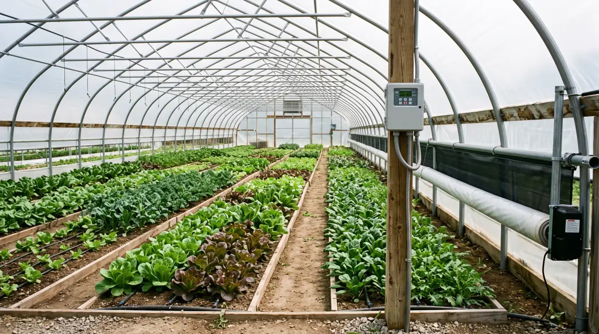 Motorized roll-up sides on a poly high tunnel filled with rows of vegetables