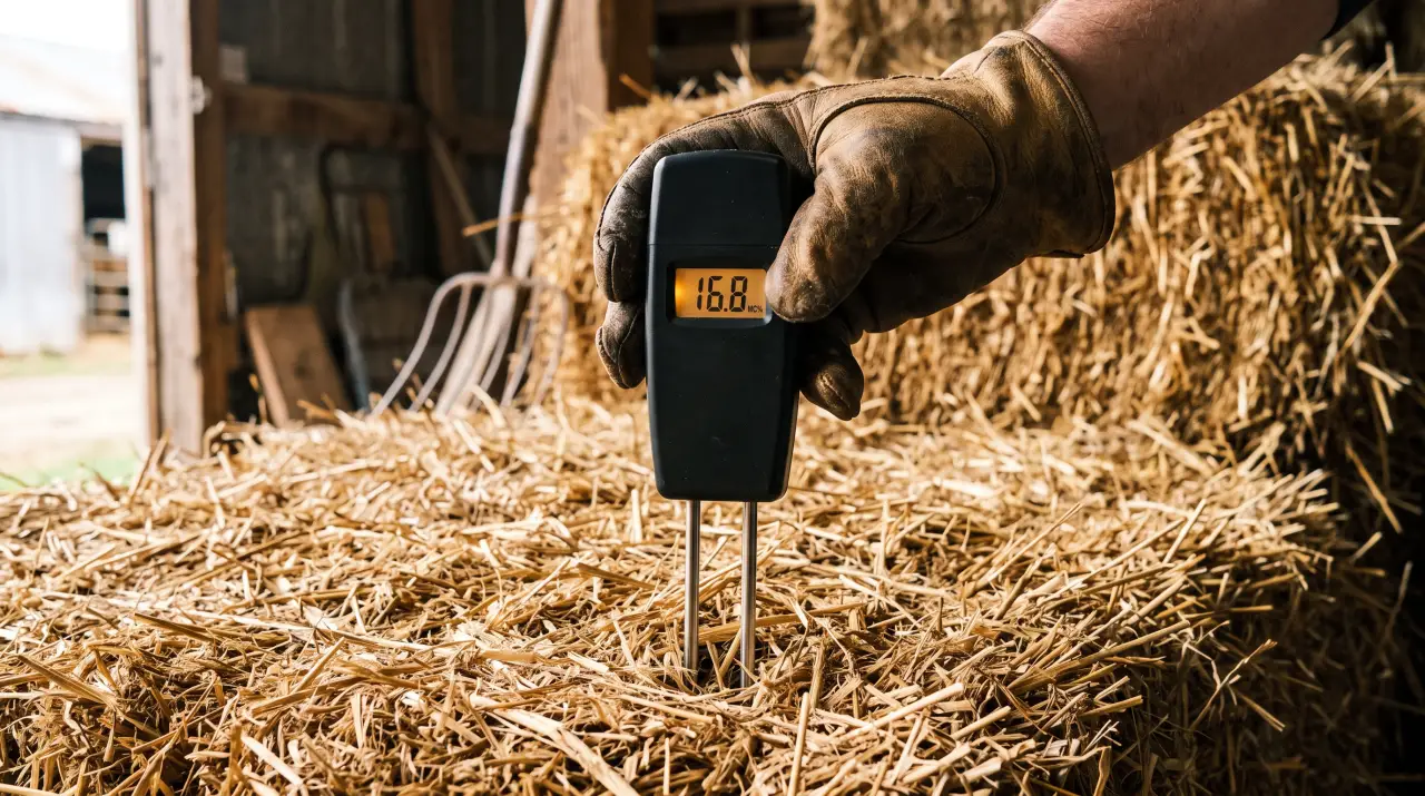 A farmer pushing a long moisture probe into a round hay bale