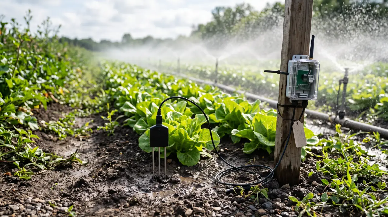 Soil moisture probe installed in an irrigated corn field beside a center pivot at dawn