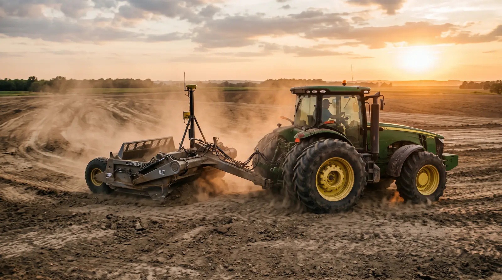Land plane scraper reshaping a farm field to precise grade under a clear sky