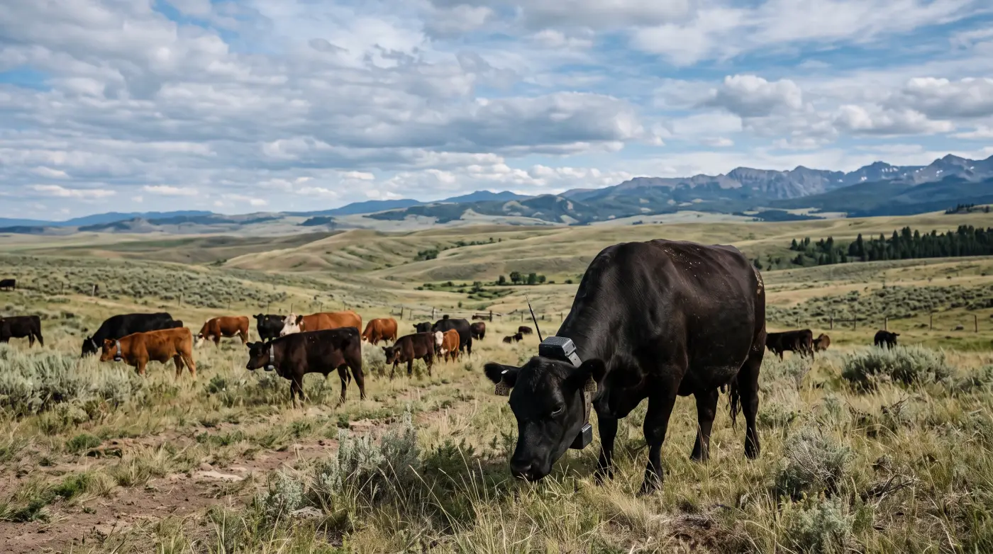 Beef cattle grazing open rangeland wearing GPS virtual fencing collars at sunset