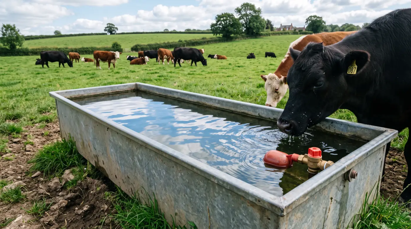 Beef cattle drinking from a covered automatic waterer in a snowy winter pasture