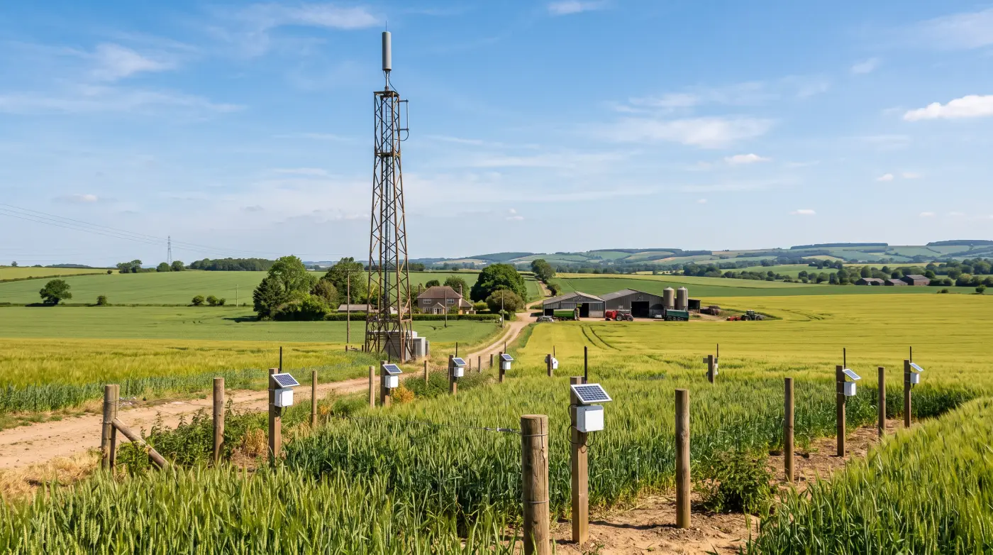 A LoRaWAN gateway antenna mounted high on a barn overlooking farm fields